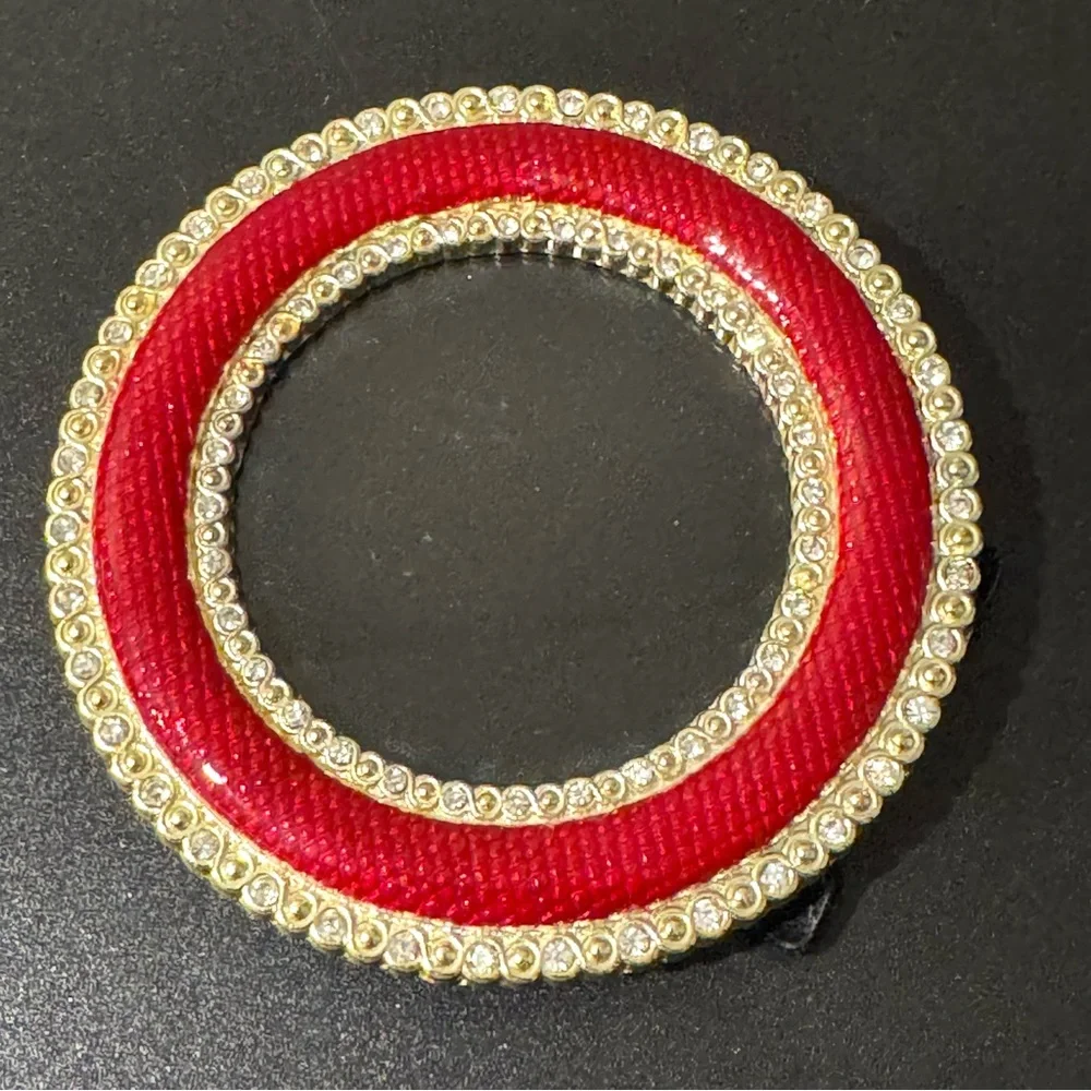 Round Red Enamel Picture Frame MMA Gold Rhinestone Christmas Valentine 4”